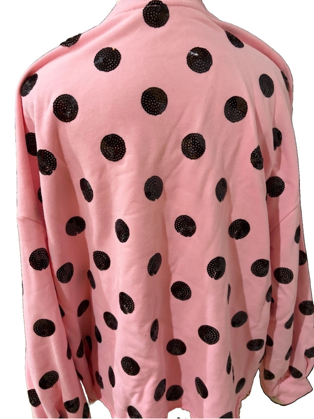 QUEEN OF SPARKLES Pink Polka Dot Sequin Hand with Cocktail Sweatshirt - Picture 2 of 4